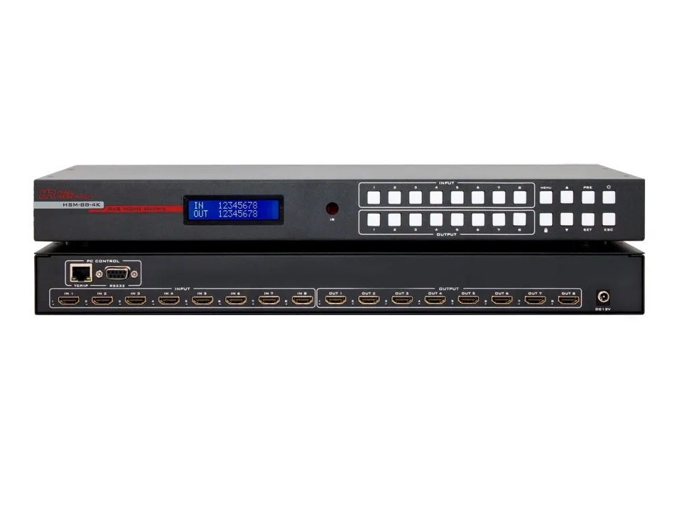HSM-88-4K 8x8 HDMI Matrix Switch with 4K UHD Support/IR/RS-232 and IP Control by Hall Technologies