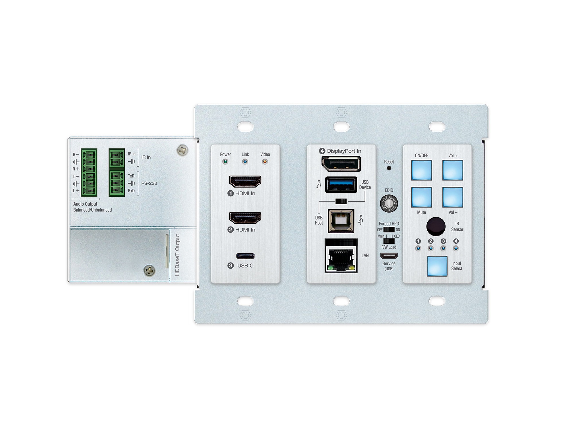 KD-X4x1WUTx 4x1 4K/18G 2xHDMI/DP/USB-C HDBT Wall Plate Switcher/Transmitter with CEC/ARC/Audio/IR/RS-232/PoH by Key Digital