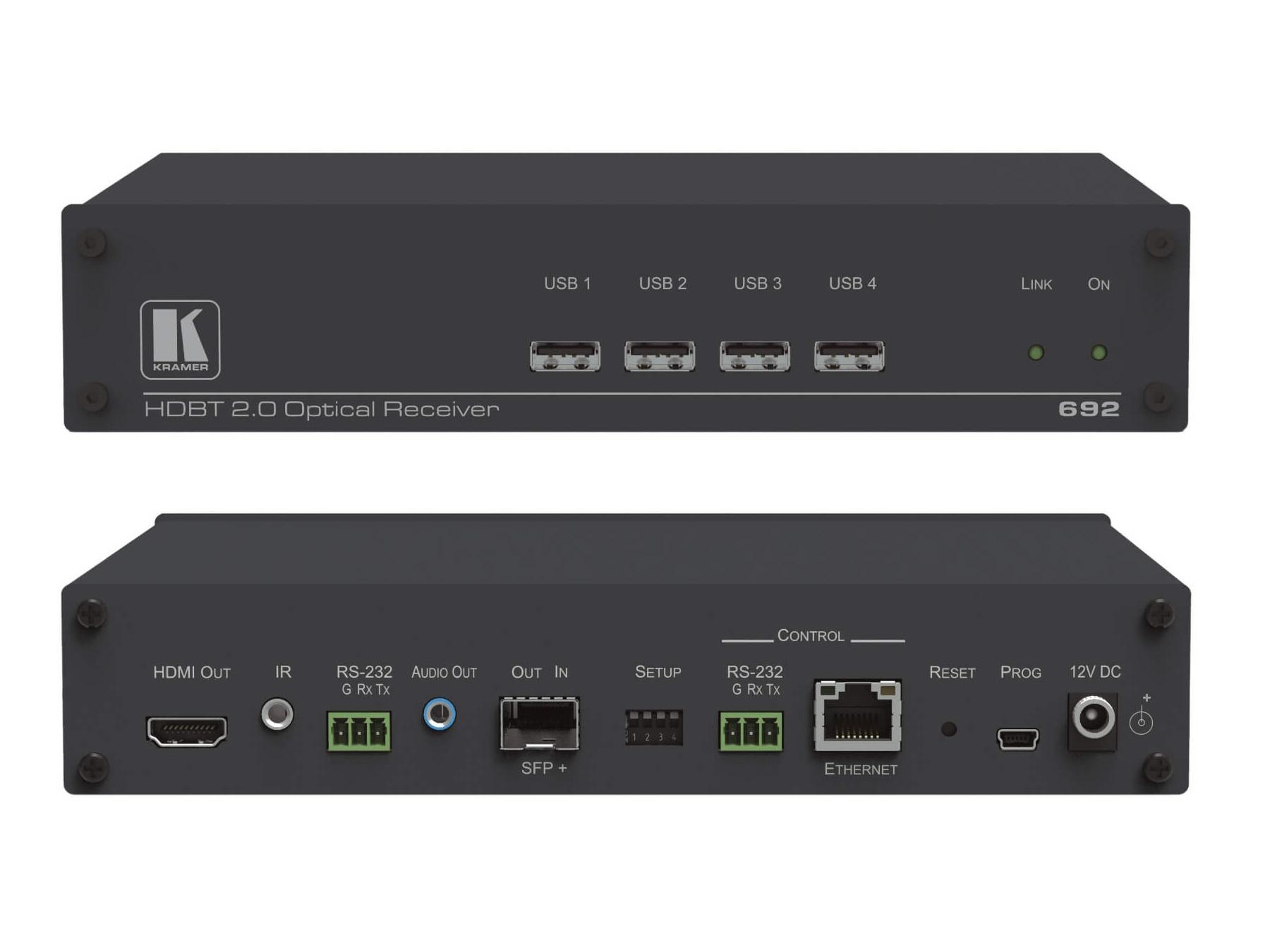 692 4K60 4x2x0 HDMI MM/SM Fiber Optic Extender (Receiver) with USB/Ethernet/RS-232/IR/Stereo Audio by Kramer