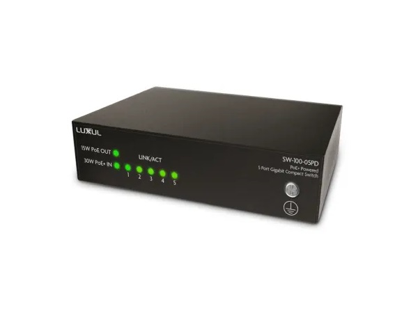 SW-100-05PD 5 Port Unmanaged PoE  Switch With POE Passthrough by Luxul
