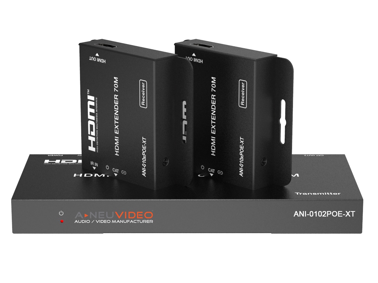 ANI-0102POE-XT 1x2 HDMI POE 1080/4K30 CAT6 Extender Splitter/IR Return with 2x Receivers 230 ft/70m Auto Setup by A-NeuVideo