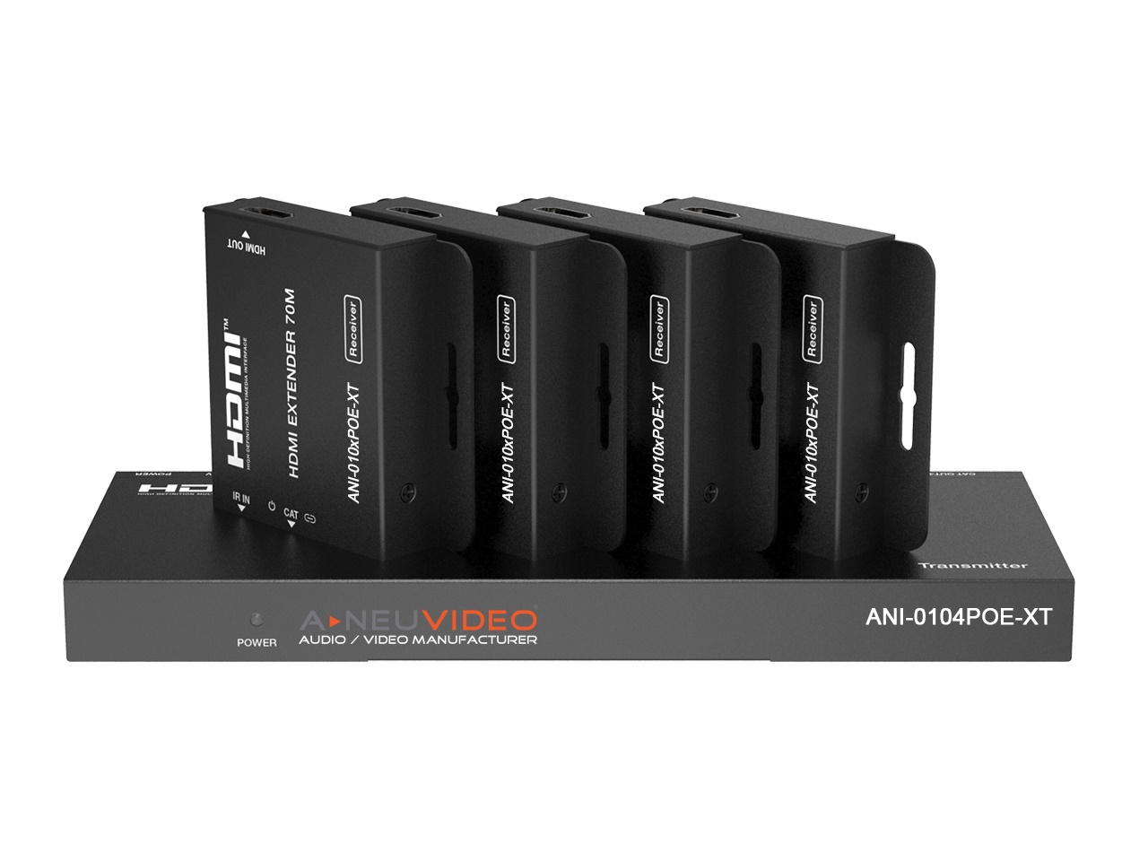 ANI-0104POE-XT 1x4 HDMI POE 1080/4K30 CAT6 Extender Splitter/IR Return with 4x Receivers 230ft/70m Auto Setup by A-NeuVideo