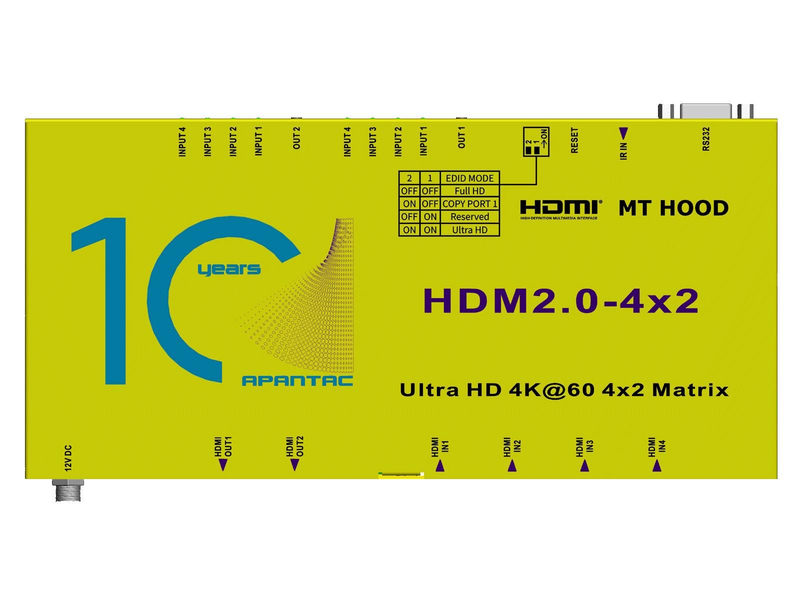 HDM2.0-4x2-UHD 4x2 1 RU HDMI 2.0 Matrix Switch with IR and RS232 control by Apantac