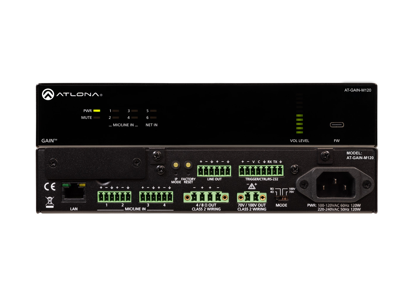 AT-GAIN-M120 Atlona 120W Mixer Amplifier, 4/8 Ohm x2, 70V/100V x1 by Atlona