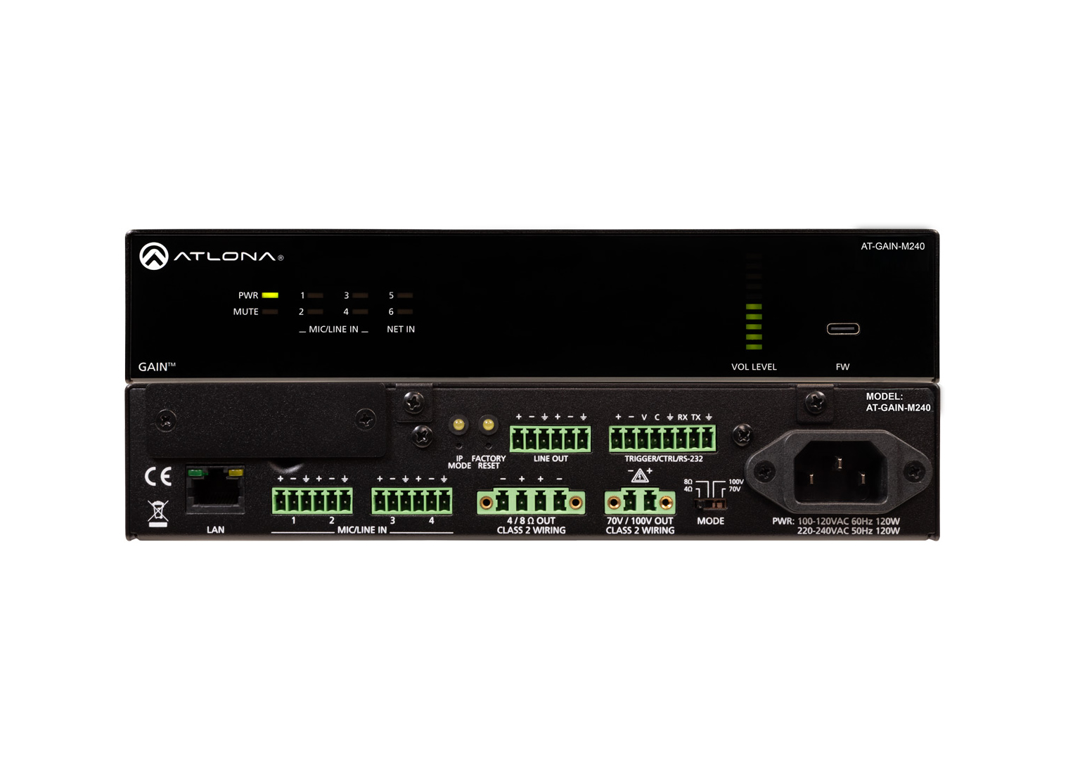 AT-GAIN-M240 Atlona 240W Mixer Amplifier, 4/8 Ohm x2, 70V/100V x1 by Atlona