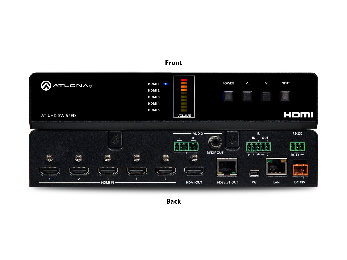 AT-UHD-SW-52ED 4K/UHD 5 Input HDMI Switcher with Mirrored HDMI and HDBaseT Outputs and PoE by Atlona