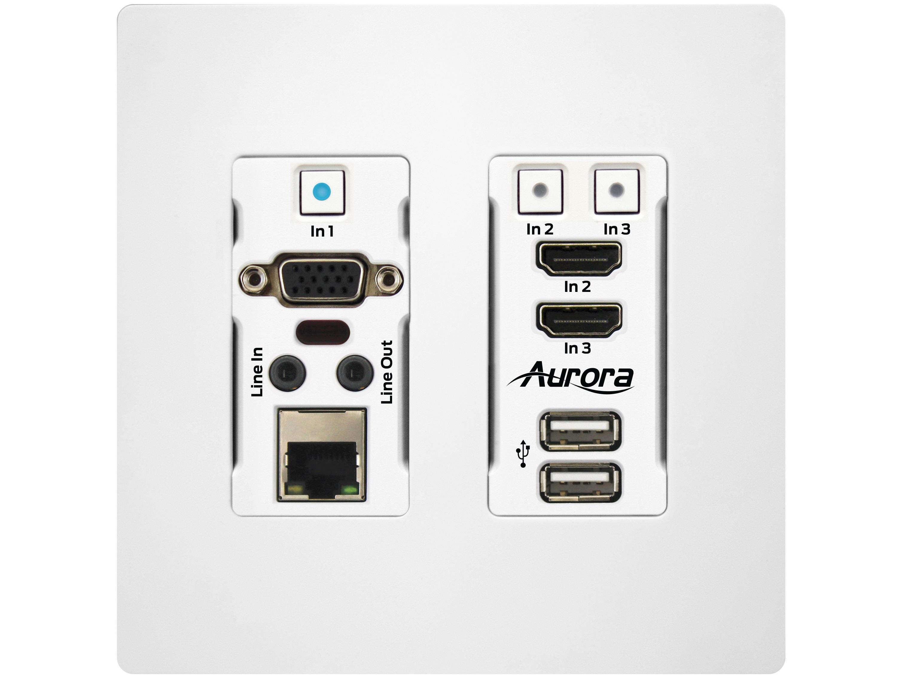 HTW-2-W 4K60 HDR 1xVGA/2xHDMI input HDBaseT 2.0 Wall Plate Extender (Transmitter) up to 100m/330ft (White) by Aurora Multimedia