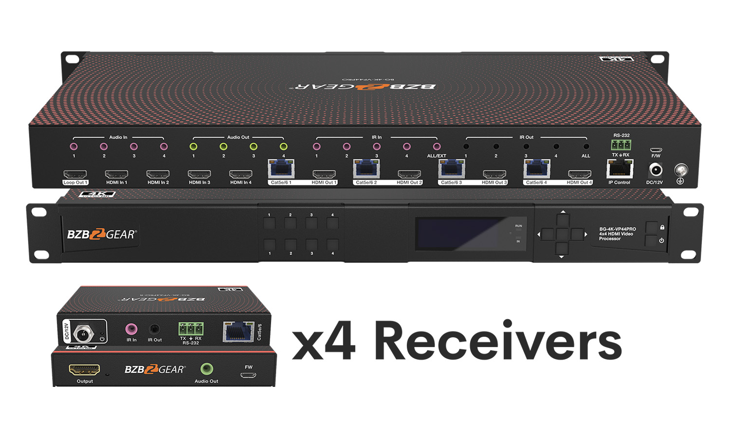 BG-4K-VP44PRO 4x4 4K UHD Seamless HDMI Matrix Switcher/Video Wall Processor/MultiViewer Over Cat5e/6/7 Kit with 4 Receivers by BZBGEAR
