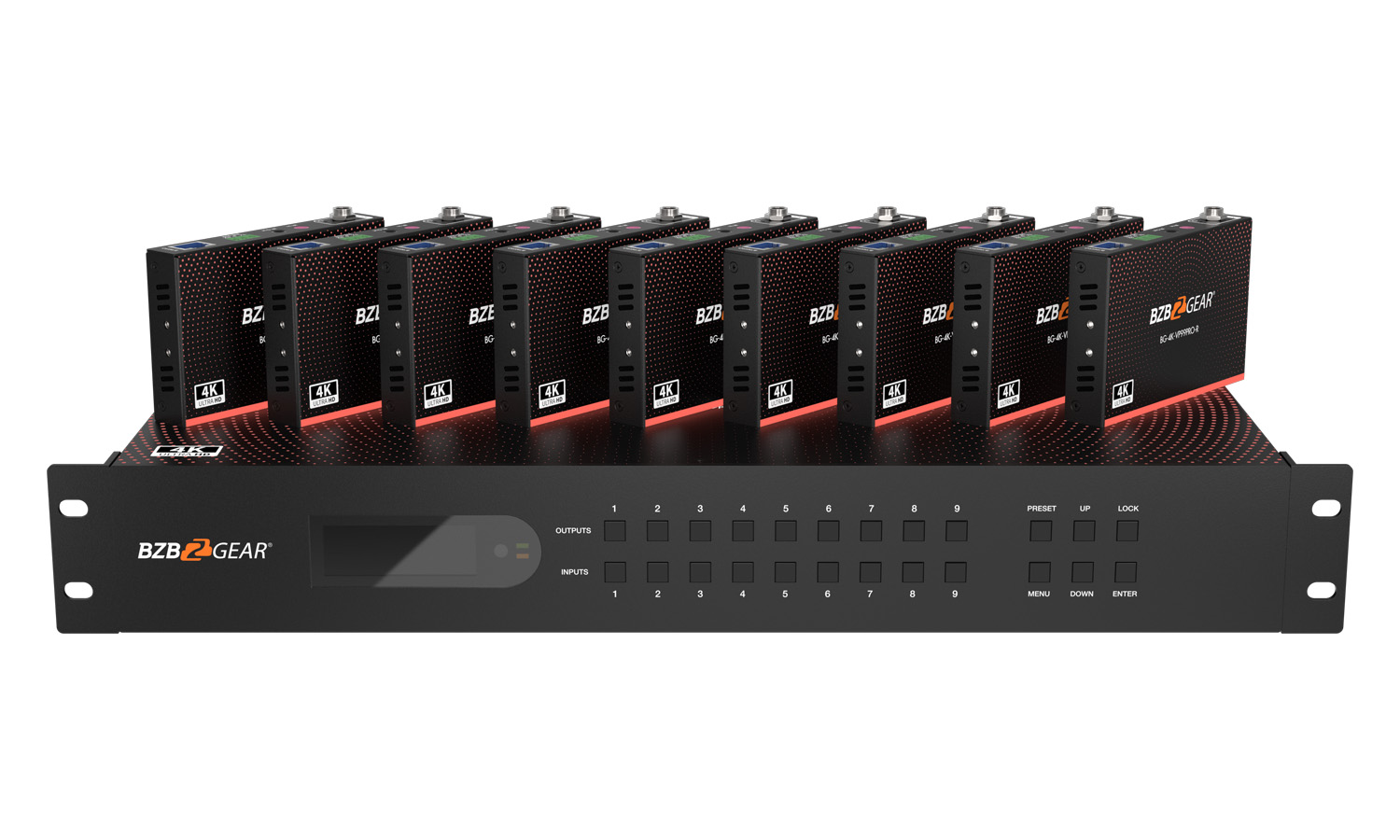 BG-4K-VP99PRO 9x9 4K UHD Seamless HDMI Matrix Switcher/Video Wall Processor/Multiviewer over Cat5/6/7 with 9 Receivers Kit by BZBGEAR
