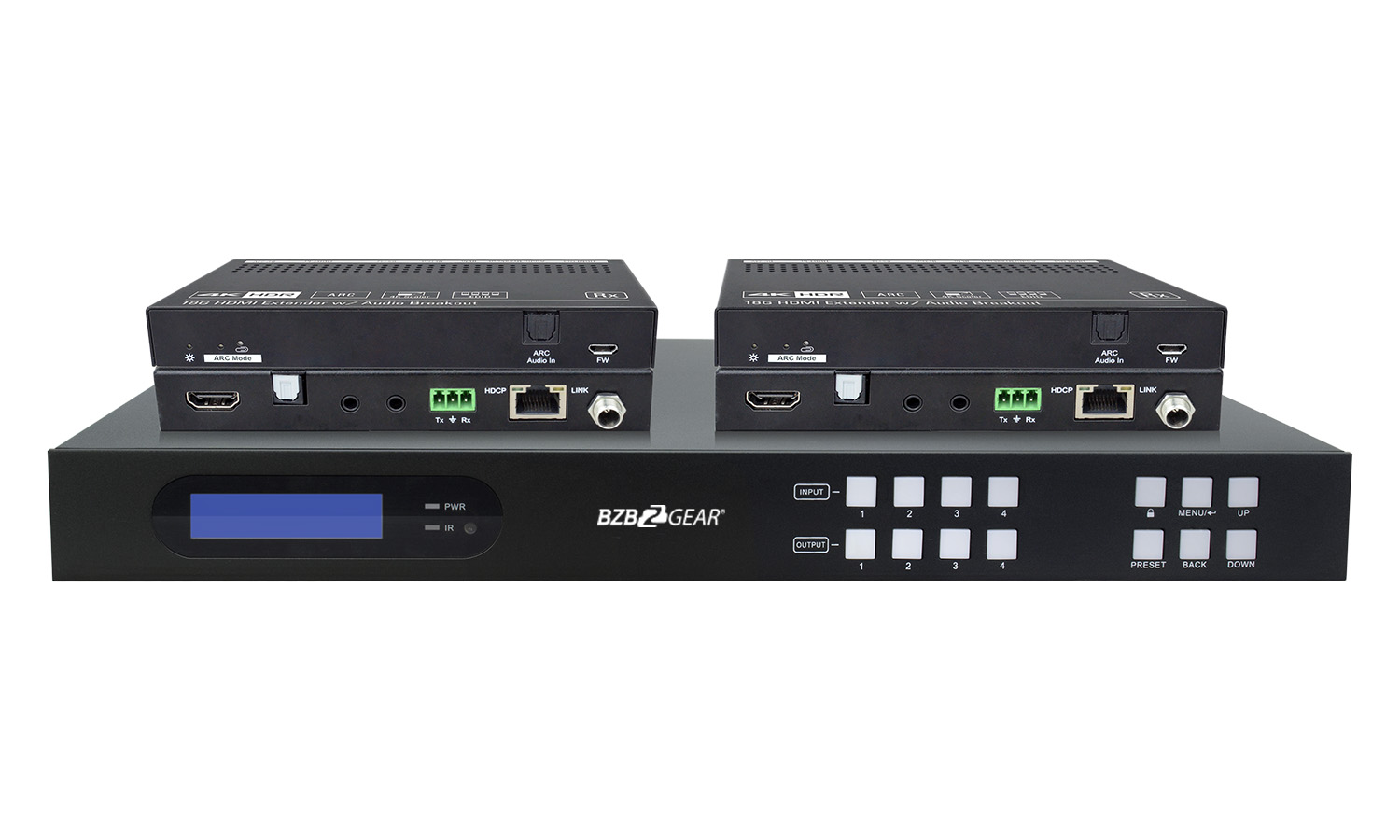 BG-M44S-H2A-KIT 4x4 HDMI 2.0 18Gbps 4K 60Hz 444 HDBT Video and Audio Matrix Switcher with 4 Receivers by BZBGEAR