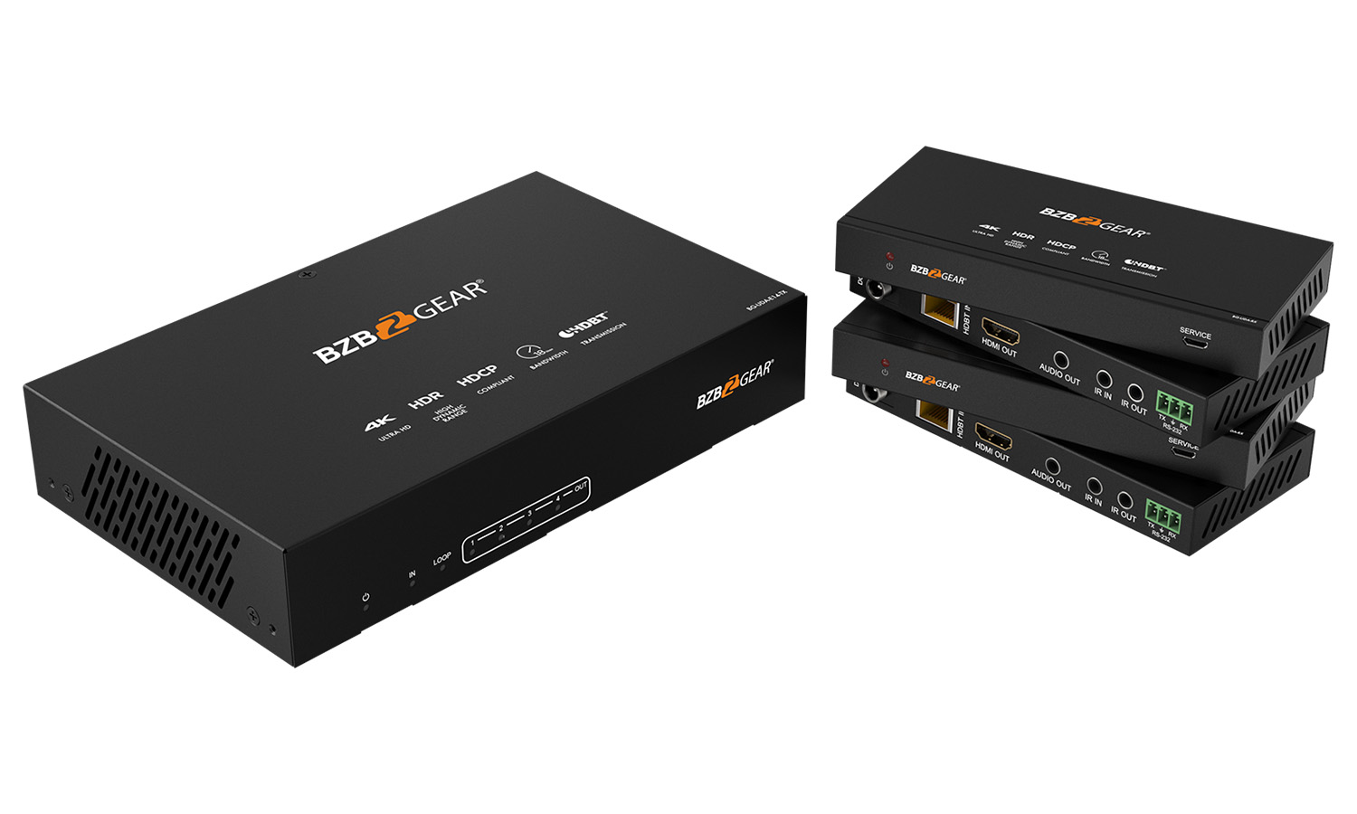 BG-UDA-E14 1X4 4K 18Gbps UHD HDMI HDBaset Splitter/Distribution Amplifier over Single Category 5e/6/7 Cable (Kit, Includes 4x RX) by BZBGEAR