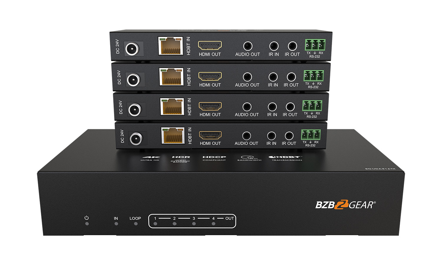 BG-UDA-E14 1X4 4K UHD 18Gbps HDMI HDBaseT Splitter/Distribution Amplifier over Category Cable by BZBGEAR