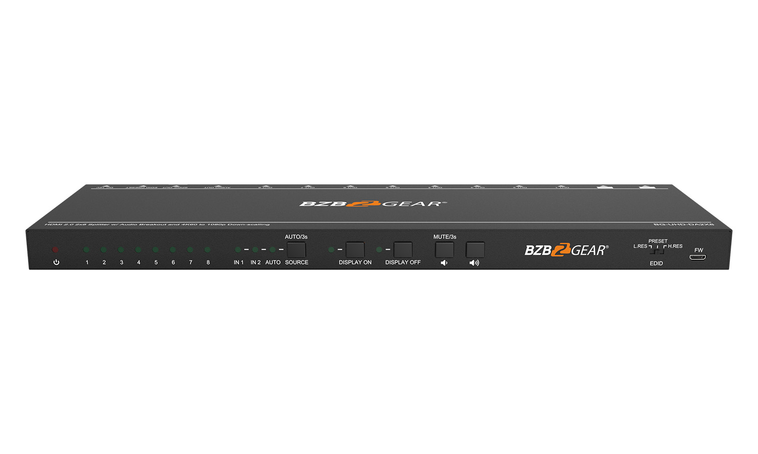 BG-UHD-DA2X8 2X8 4K 18Gbps UHD HDMI Splitter/Distribution Amplifier with Downscaling/Audio De-Embedding and CEC Control by BZBGEAR