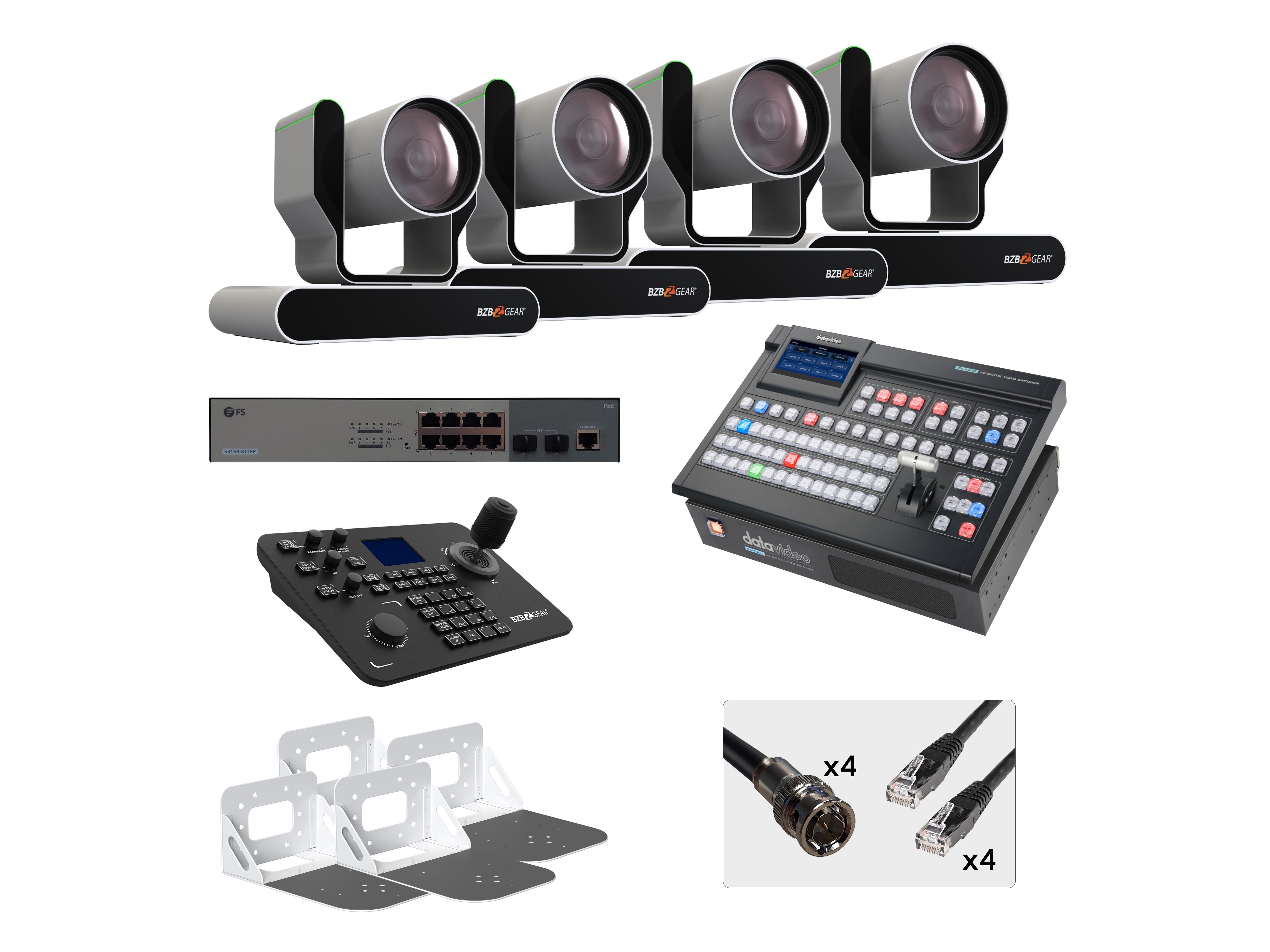 BZB-12G-PRODUCTION-KIT1 All-In-One Single Operator 4K 12G Production Bundle with Four BZBGEAR 25X PTZ Camera/Joystick Controller/DATAVIDEO 4K Mixer/White Wall Mount by BZBGEAR
