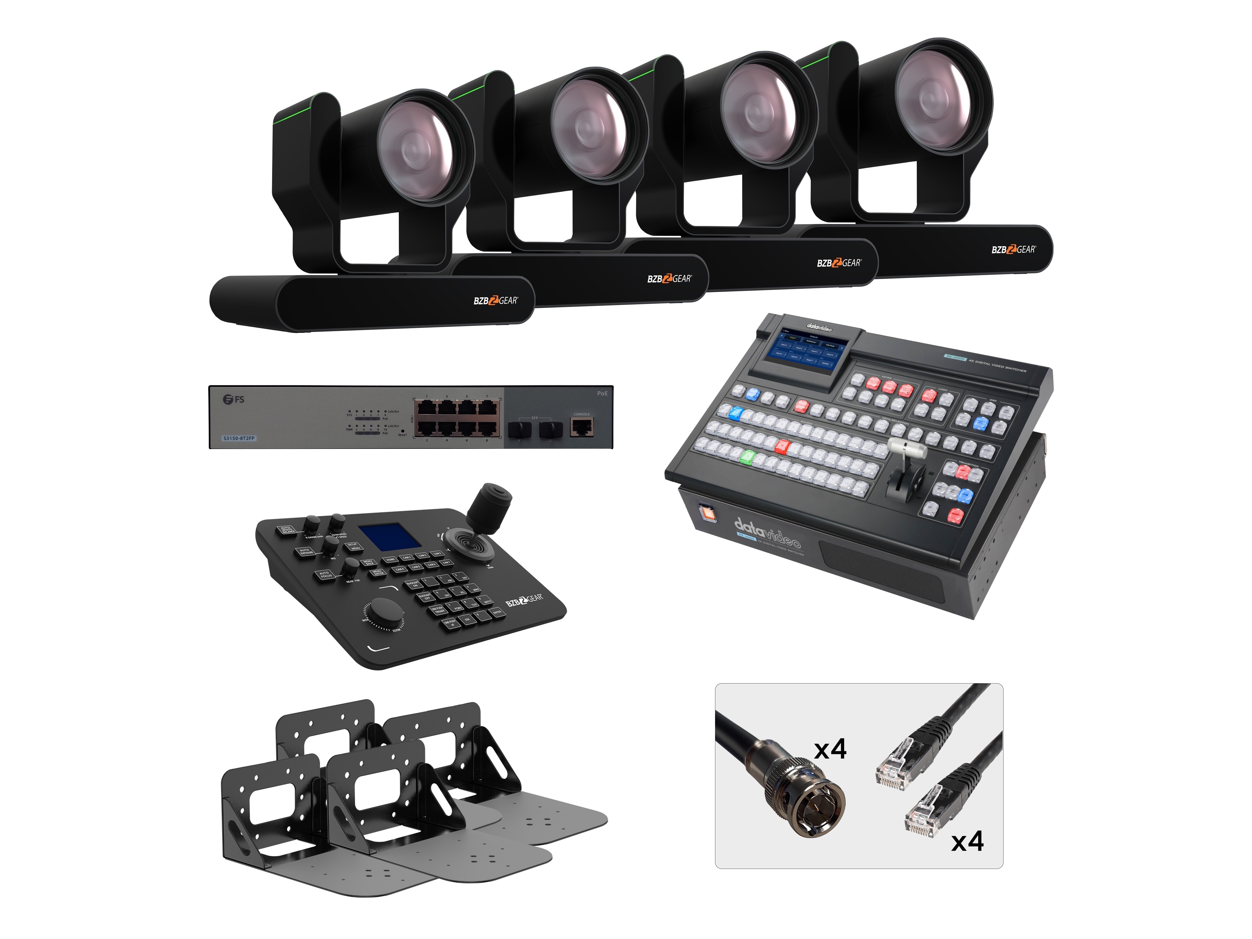 BZB-12G-PRODUCTION-KIT2 All-In-One Single Operator 4K 12G Production Bundle with Four BZBGEAR 25X PTZ Camera/Joystick Controller/DATAVIDEO 4K Mixer/Black Wall Mount by BZBGEAR