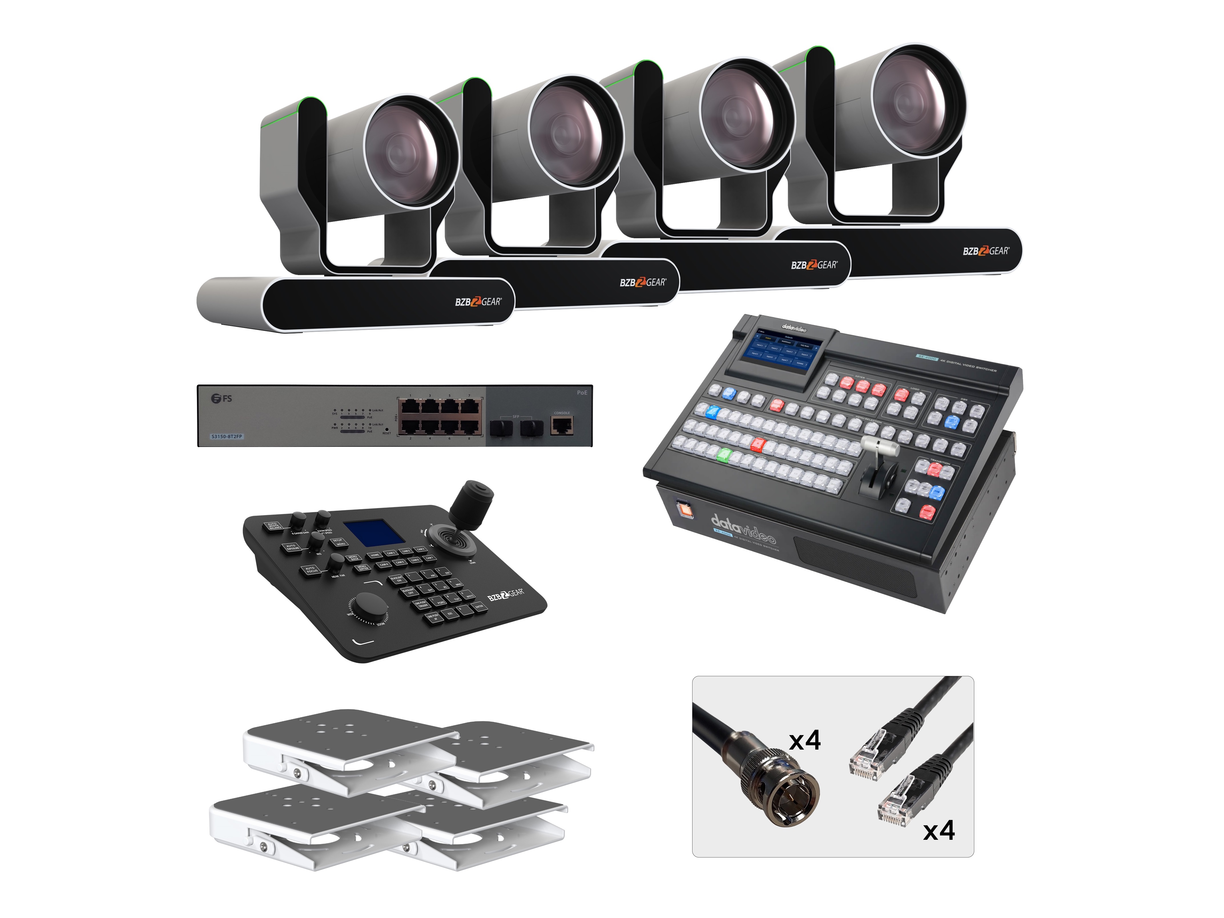 BZB-12G-PRODUCTION-KIT3 All-In-One Single Operator 4K 12G Production Bundle with Four BZBGEAR 25X PTZ Camera/Joystick Controller/DATAVIDEO 4K Mixer/White Ceiling Mount by BZBGEAR