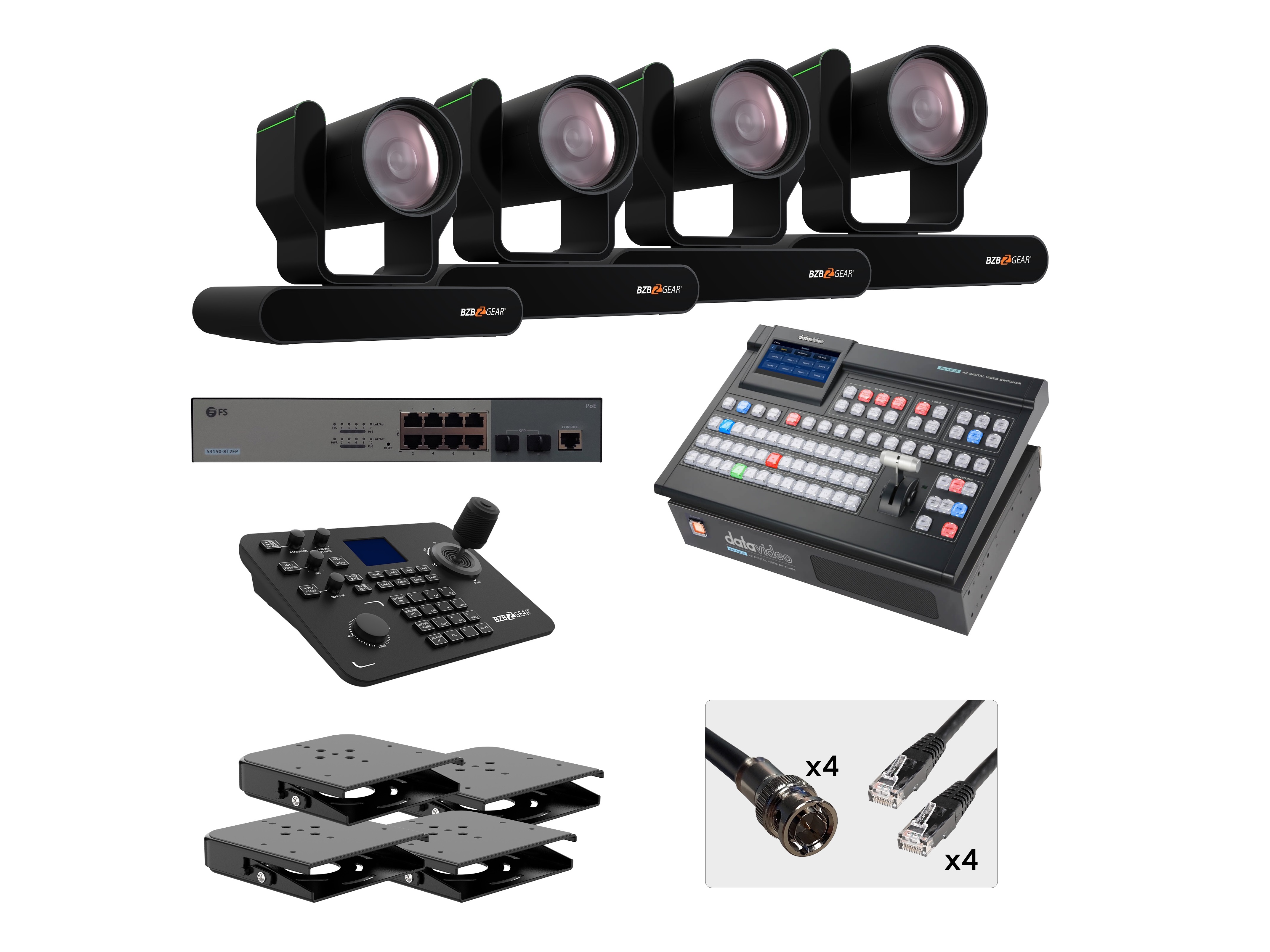 BZB-12G-PRODUCTION-KIT4 All-In-One Single Operator 4K 12G Production Bundle with Four BZBGEAR 25X PTZ Camera/Joystick Controller/DATAVIDEO 4K Mixer/Black Ceiling Mount by BZBGEAR