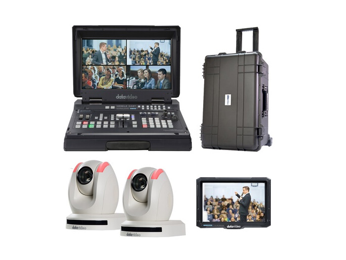 HS-1600T-2C150TCMW Streaming Studio Kit with 4-Ch Mobile Switcher/2 x PTZ Cameras and 7 inch Monitor (White) by Datavideo