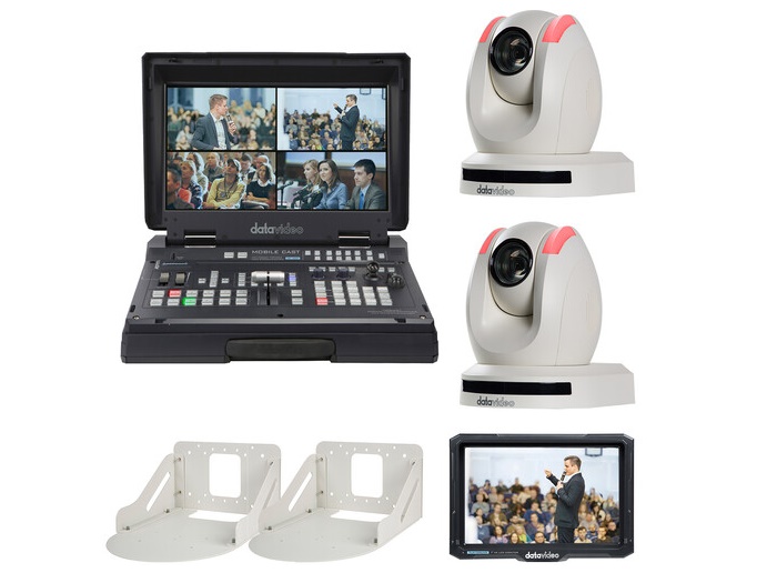 HS-1600T-2C150TMW Streaming Studio Kit with Switcher/2 x PTZ Cameras/Wall Mounts and Monitor (White) by Datavideo