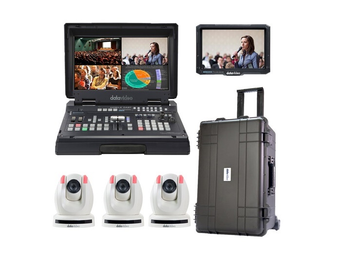 HS-1600T-3C150TCMW Streaming Studio Kit with 4-Channel Mobile Switcher/3 x PTZ Cameras/Monitor and Case (White) by Datavideo