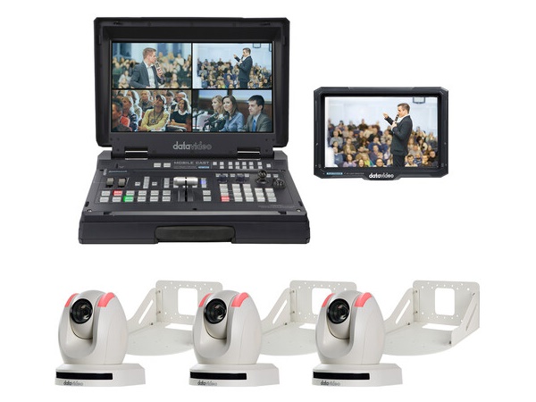 HS-1600T-3C150TMW Streaming Studio Kit with Switcher/3 x PTZ Cameras/Wall Mounts and Monitor (White) by Datavideo