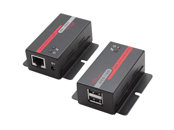 U22-160 USB 2.0 over UTP Extender (Receiver/Transmitter) Kit with 2-Port Hub by Hall Research