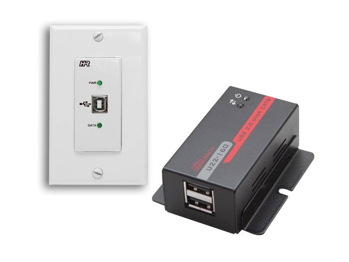 U22-160-DP USB 2.0 over UTP Extender (Receiver/Transmitter) Kit Decora Wall Plate with 2-Port Hub by Hall Research
