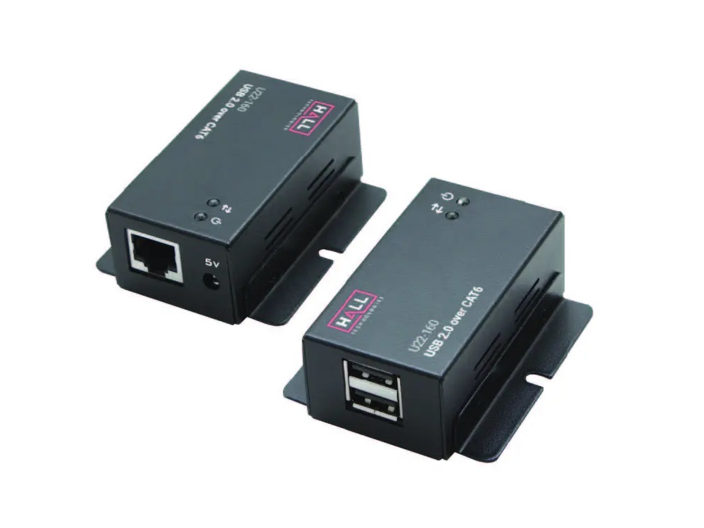 U22-160 USB 2.0 over UTP Extender (Receiver/Transmitter) Kit with 2-Port Hub by Hall Technologies