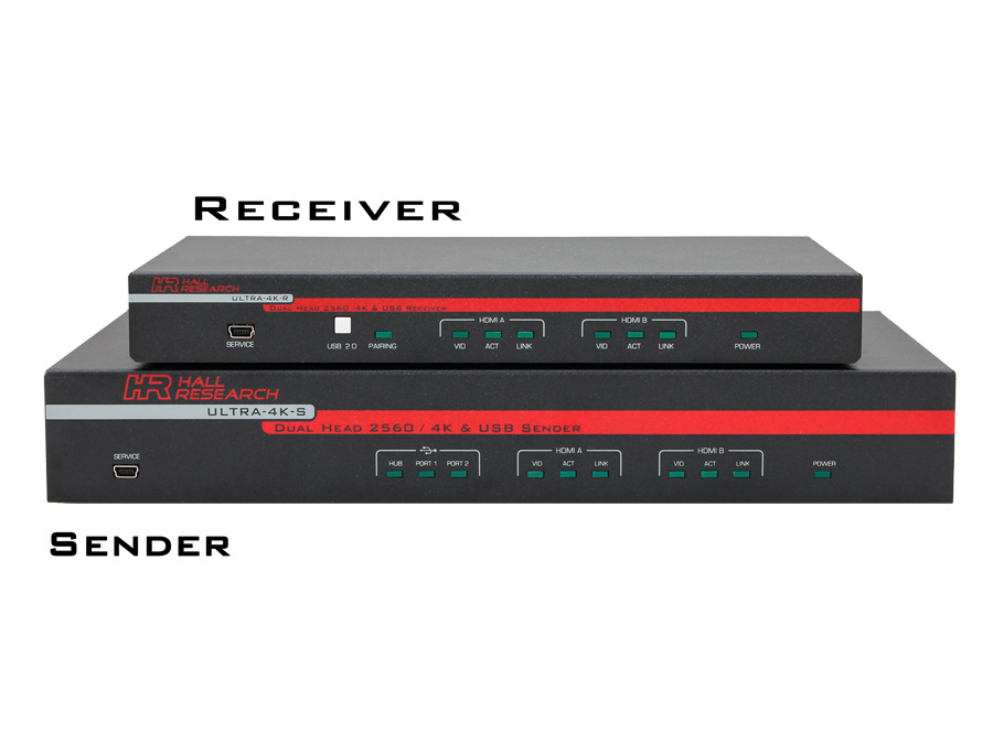 ULTRA-4K Dual-Head HDMI and USB 2.0 KVM Extender (Transmitter/Receiver) Kit by Hall Technologies