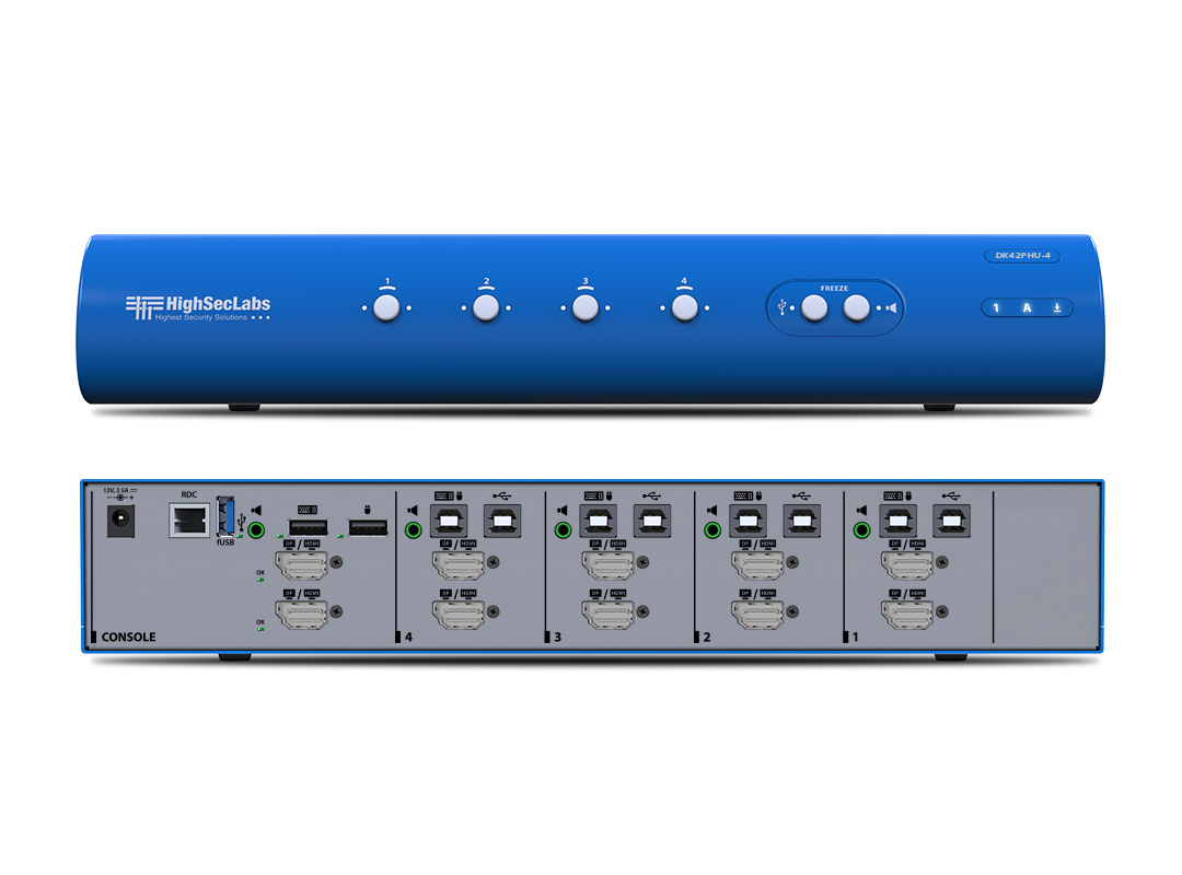 DK42PHU-4T Secure DH KVM Switch 4-Port DP/HDMI to DP/HDMI 4K video, with fUSB, PP 4.0 by High Sec Labs