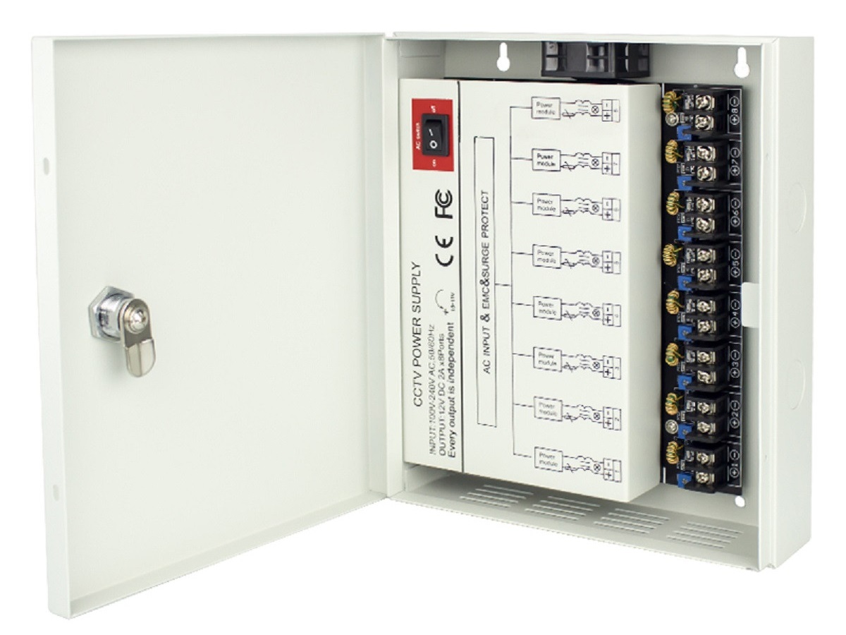PS-DC16A08HD-4DK Power Supply Unit - 8 Outputs/12 VDC/16amps/Regulated/Individually Fused (PTC) by ICRealtime