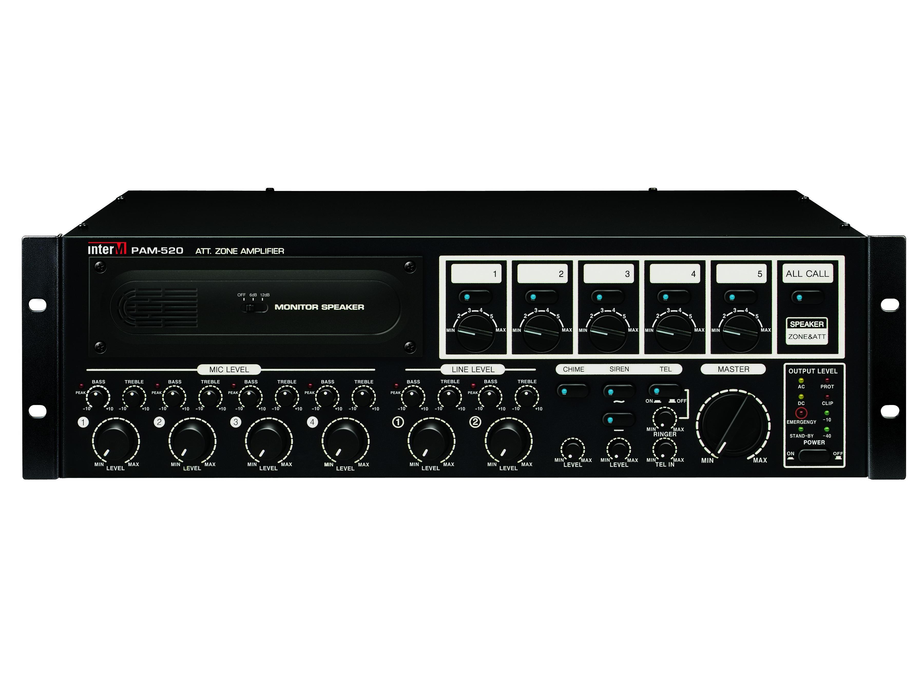 PAM-520 240W Modular Mixing Amplifier/6 Audio In w Trim/5 Zone Selectors w Attenuator/DC 24V/Backup/Chime/Siren by Inter-M