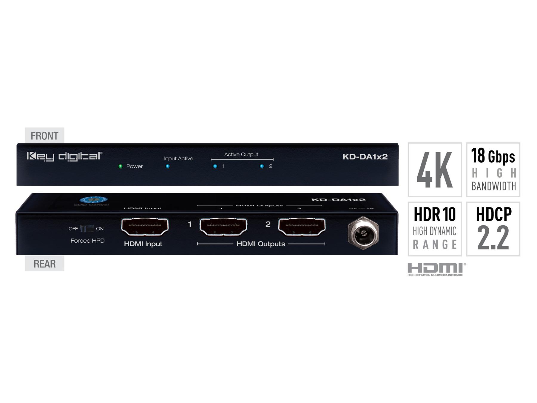 KD-DA1x2 1x2 4K/18G HDMI Distribution Amplifier with HDR10/HDCP2.2 by Key Digital
