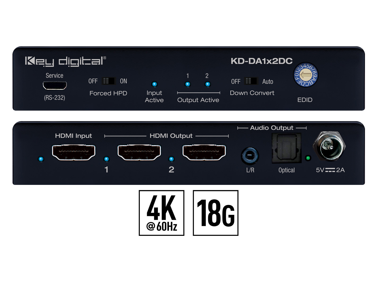 KD-DA1X2DC 4K 18G HDMI Distribution Amplifier with Audio De-Embed 4K to 1080p Down-Convert by Key Digital
