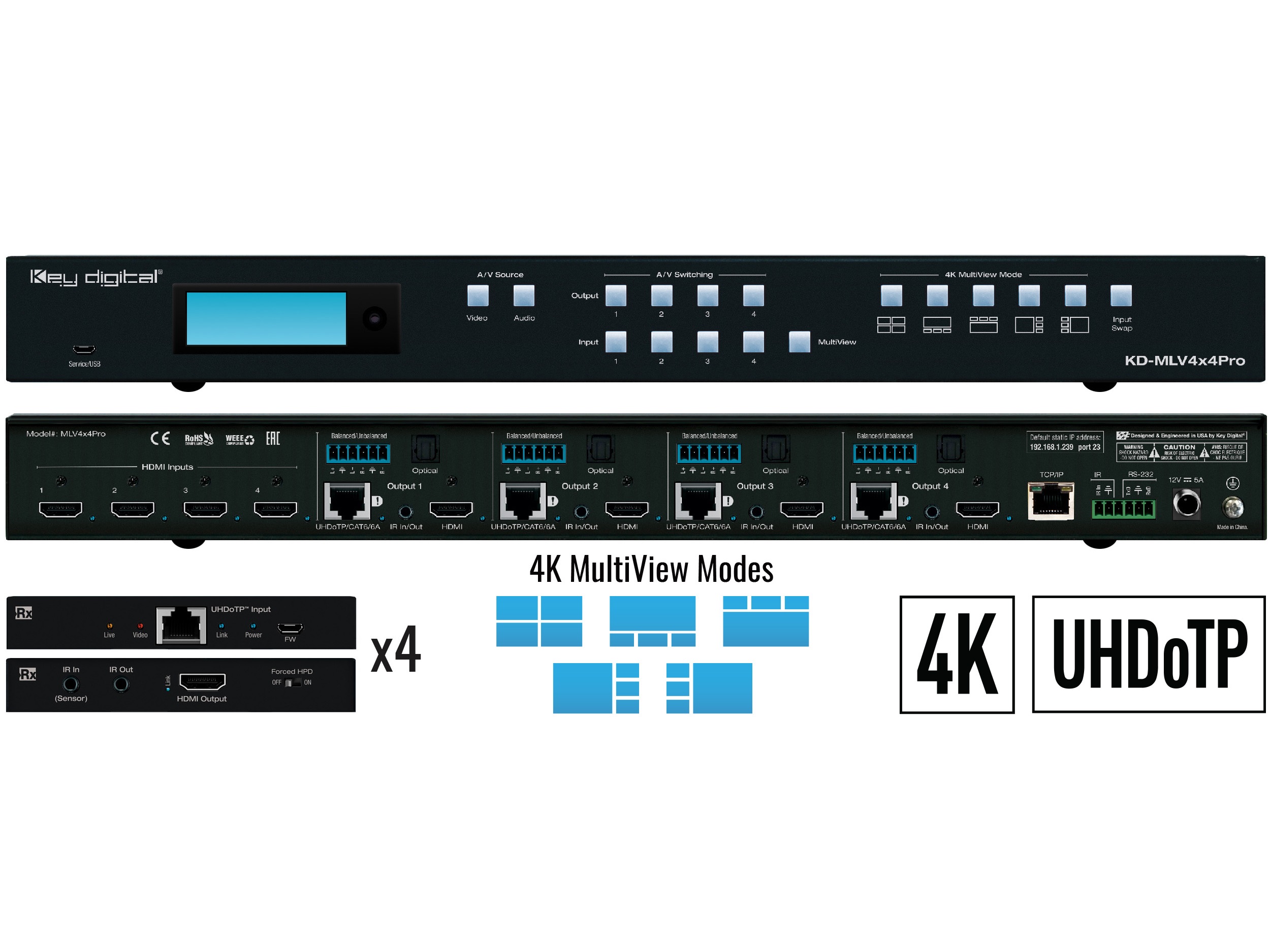 KD-MLV4x4Pro 4x4 4K UHD HDMI Seamless Matrix with Multi-View Tiling with 4 Rx Units by Key Digital