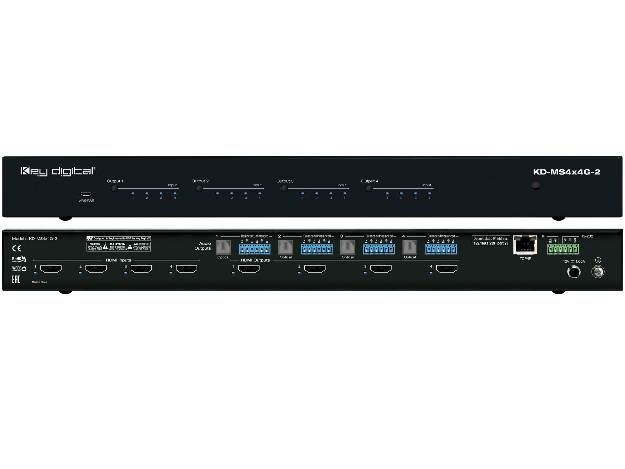KD-MS4x4G-2 4x4 4K 18G HDMI Matrix Switch with Independent Audio Routing/Digital Optical and Analog Balanced/Un-balanced Audio De-Embedding/Web Control UI by Key Digital