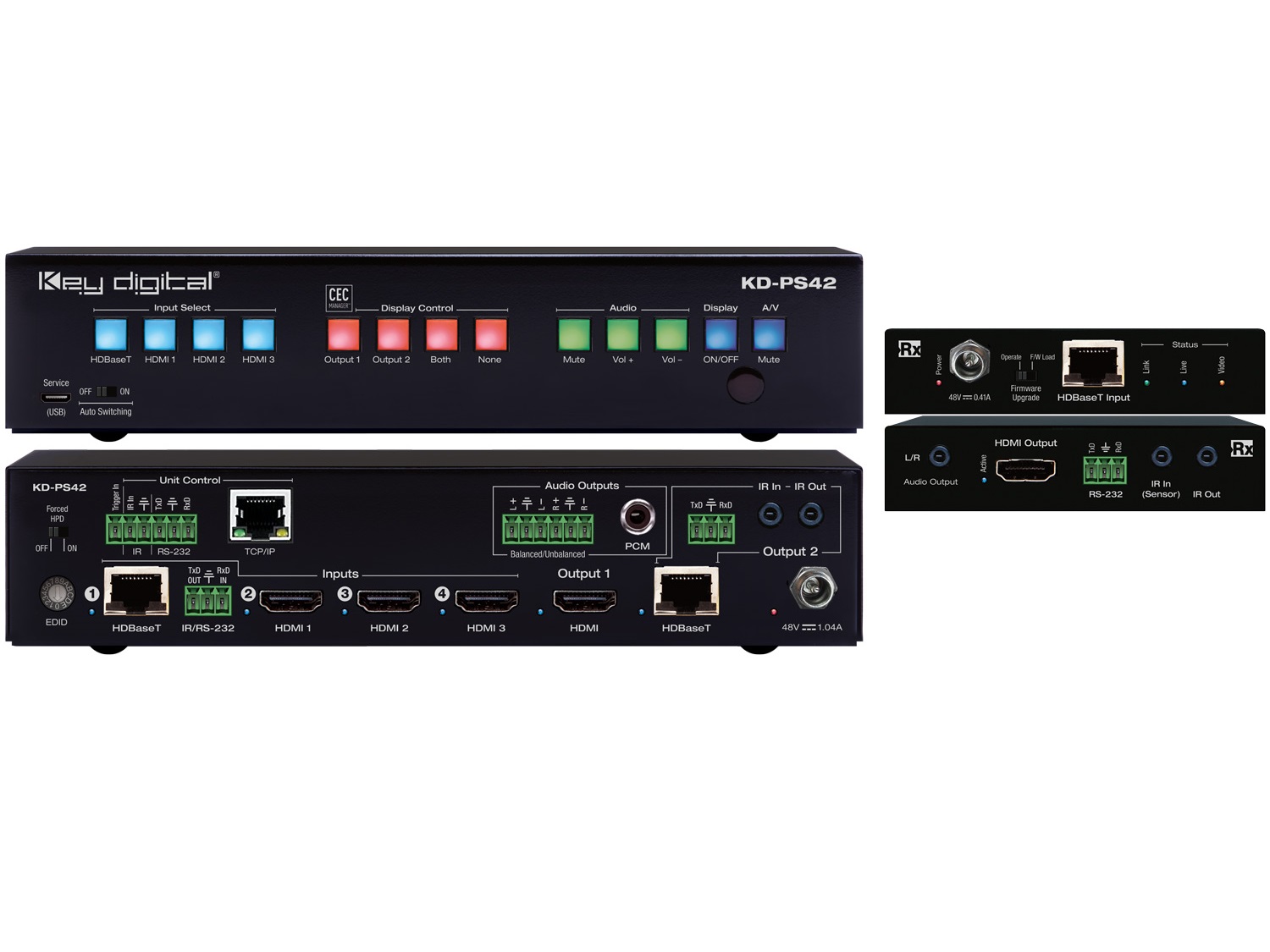 KD-PS42 4K/18G Presentation Switcher Kit with 4 Inputs (HDBT/3x HDMI) 2 Mirrored Outputs (HDBT/HDMI) by Key Digital