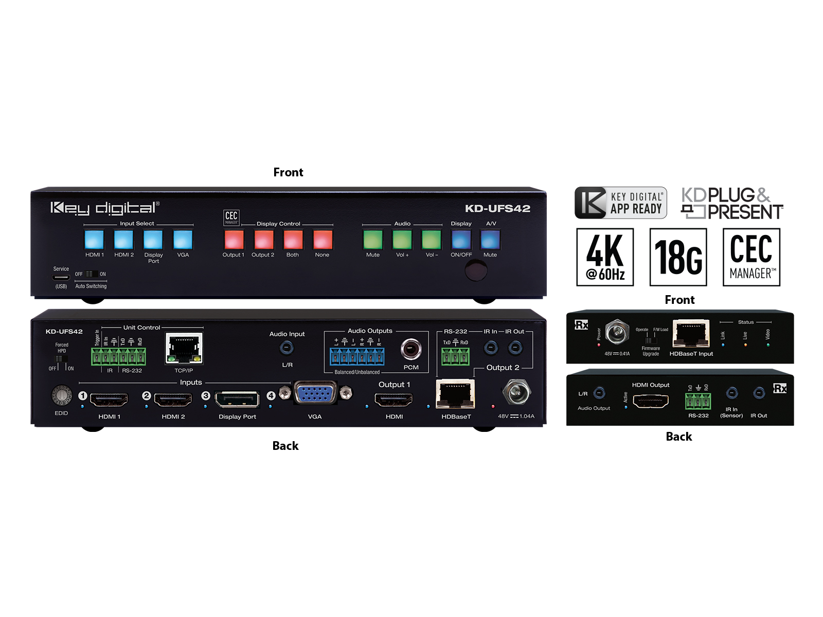 KD-UFS42 4x4 4K 18G Universal Format HDMI/DP/VGA Switcher with Mirrored Outputs/CEC/Auto Switching/Receiver Included by Key Digital