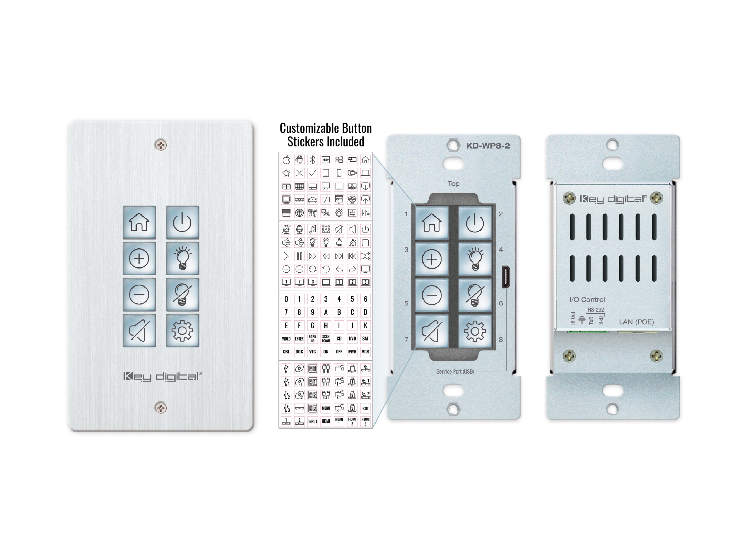 KD-WP8-2 8 Button Programmable IP/IR/RS-232 Wall Plate Control Keypad with PoE for KDPlug and Present/Compass Control Pro and Third-Party Systems via Open API by Key Digital