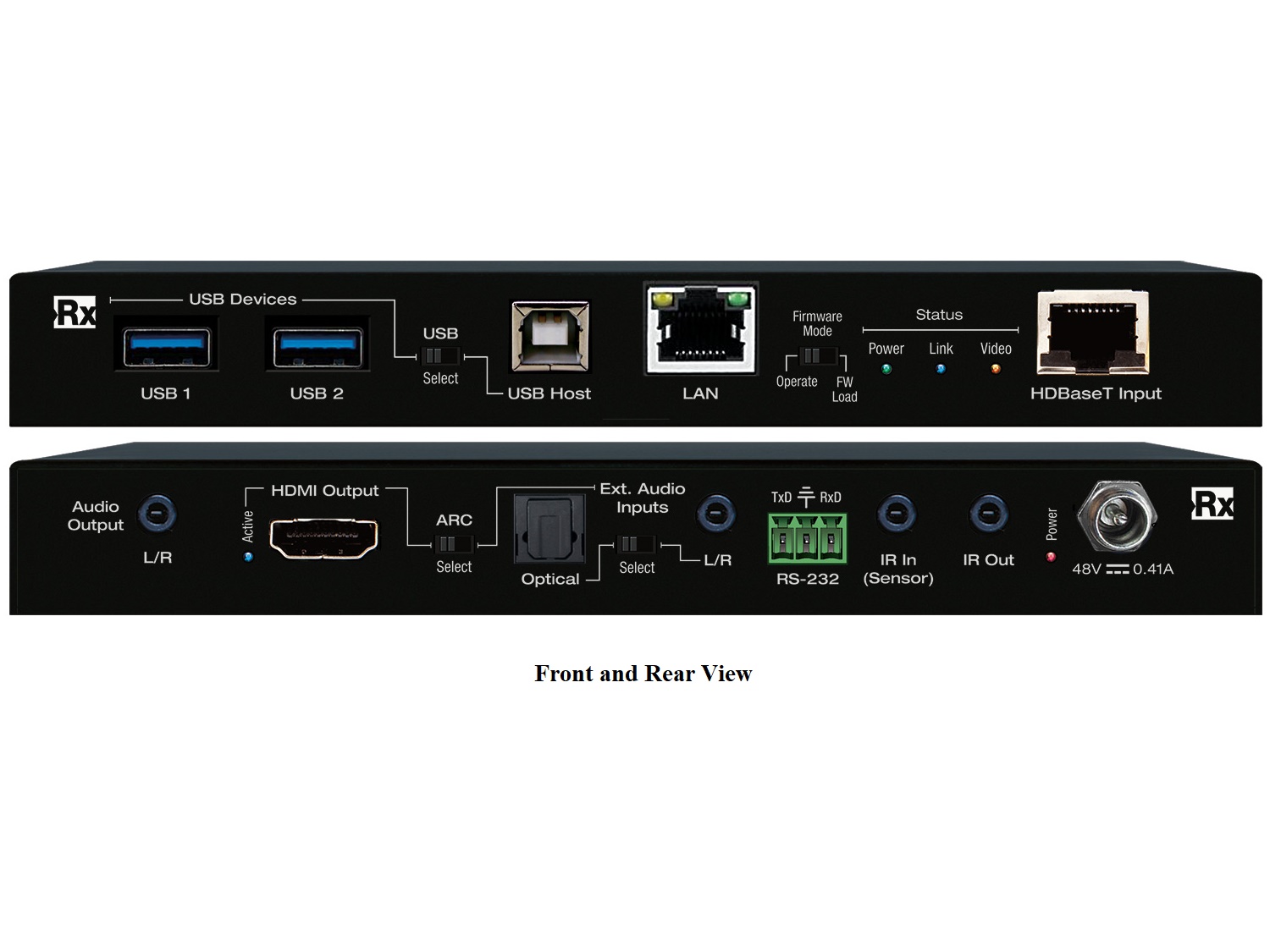 KD-X100MRx 4K/18G HDBT Rx (100m) with USB/LAN/ARC L/R Audio In/Output De-Embed/IR/RS-232 (Receiver Only) by Key Digital