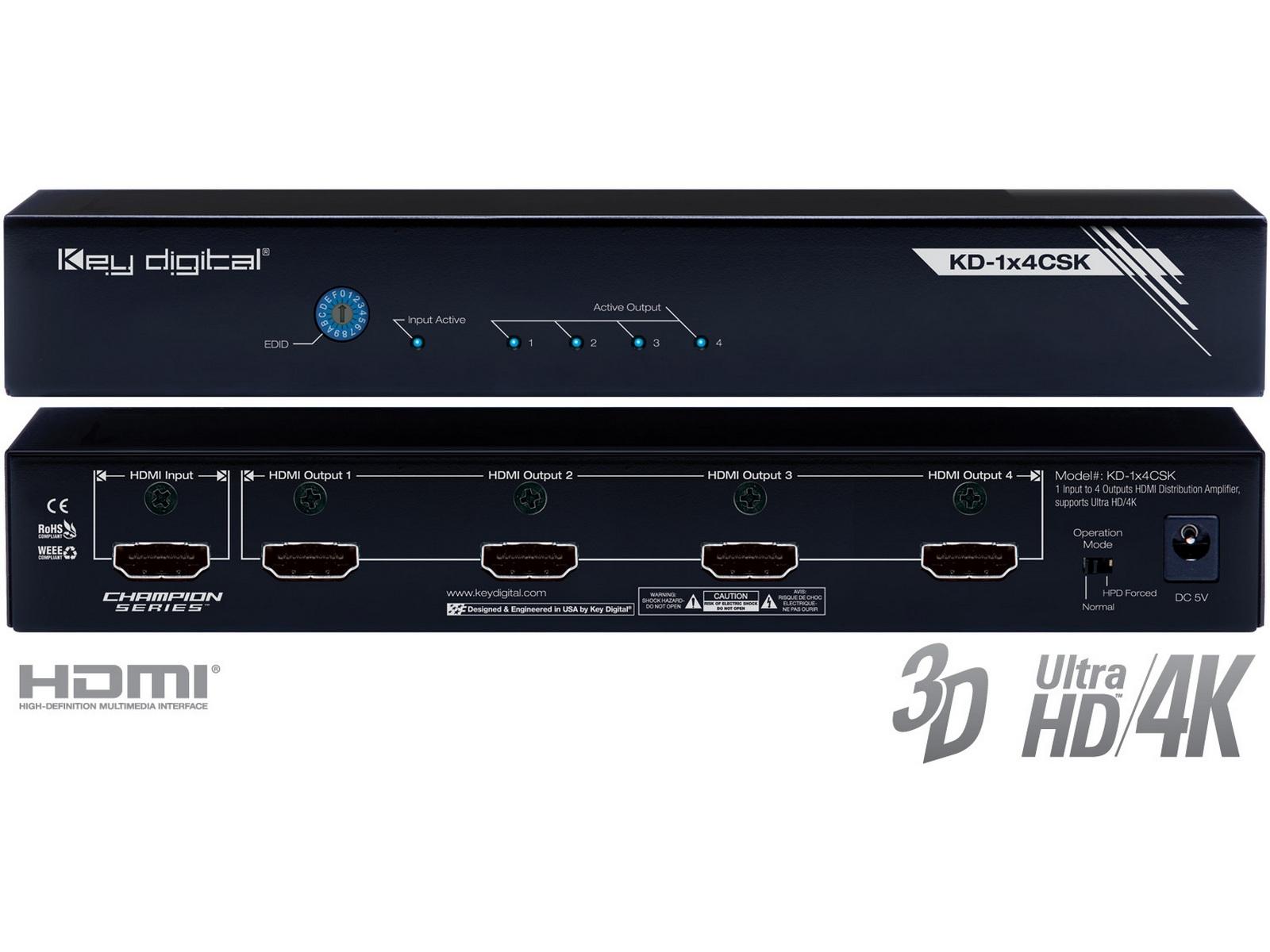 KD-1x4CSK 1x4 I/O Ultra HD/4K HDMI Distribution Amplifier by Key Digital