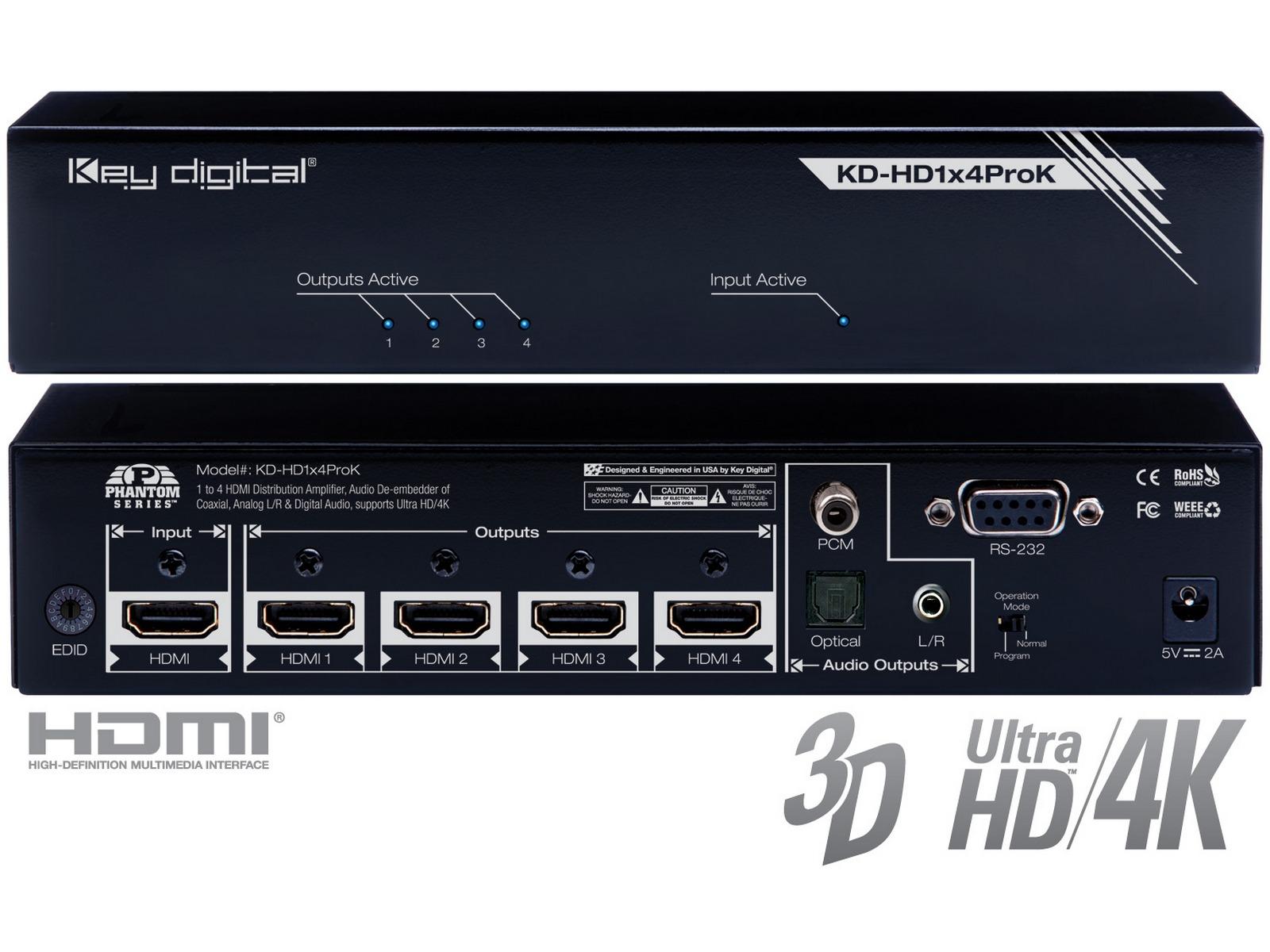 KD-HD1x4ProK 1x4 I/O HDMI Distribution Amplifier w Audio De-embedder by Key Digital