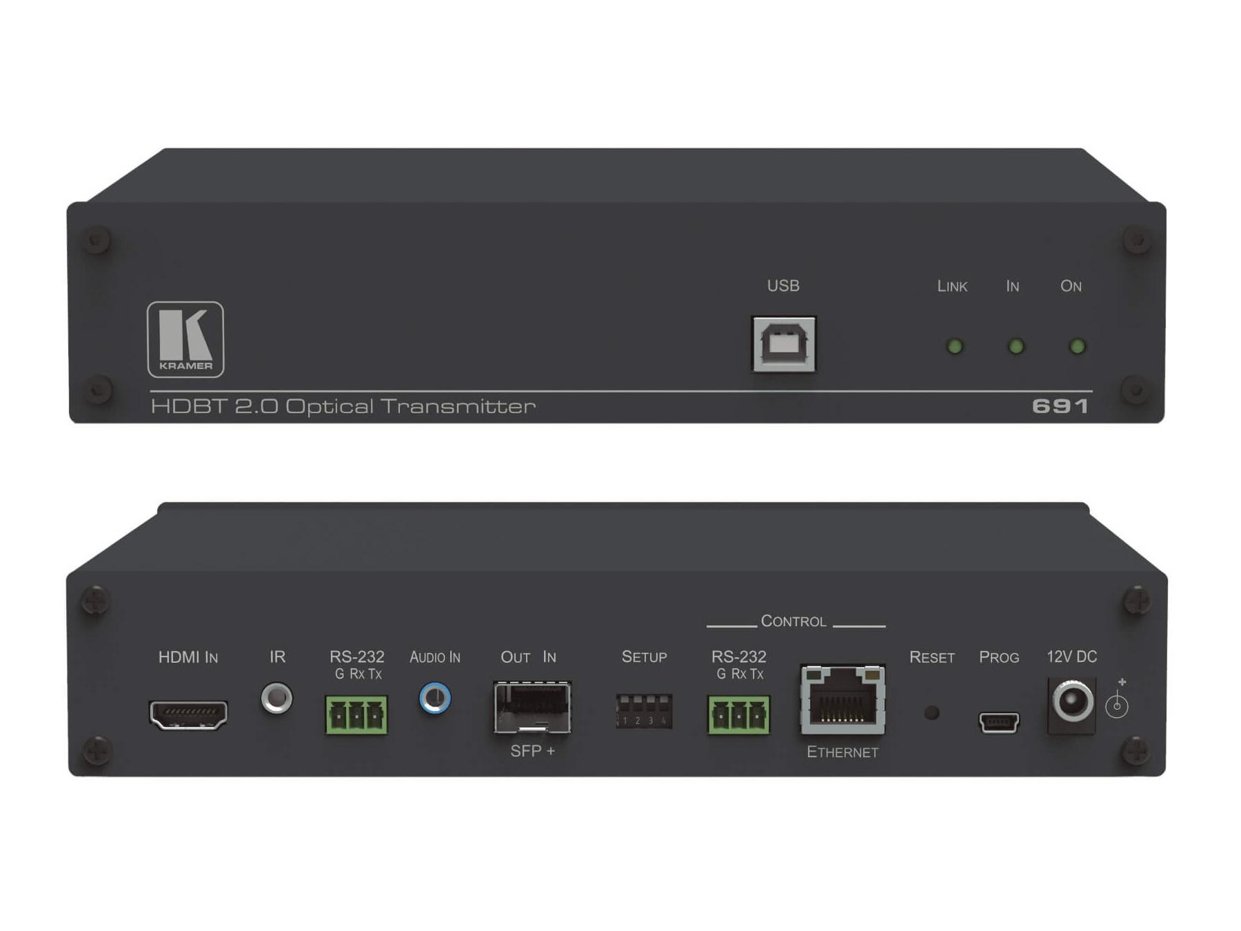 691 4K60 4x2x0 HDMI MM/SM Fiber Optic Extender (Transmitter) with USB/Ethernet/RS-232/IR/Stereo Audio by Kramer
