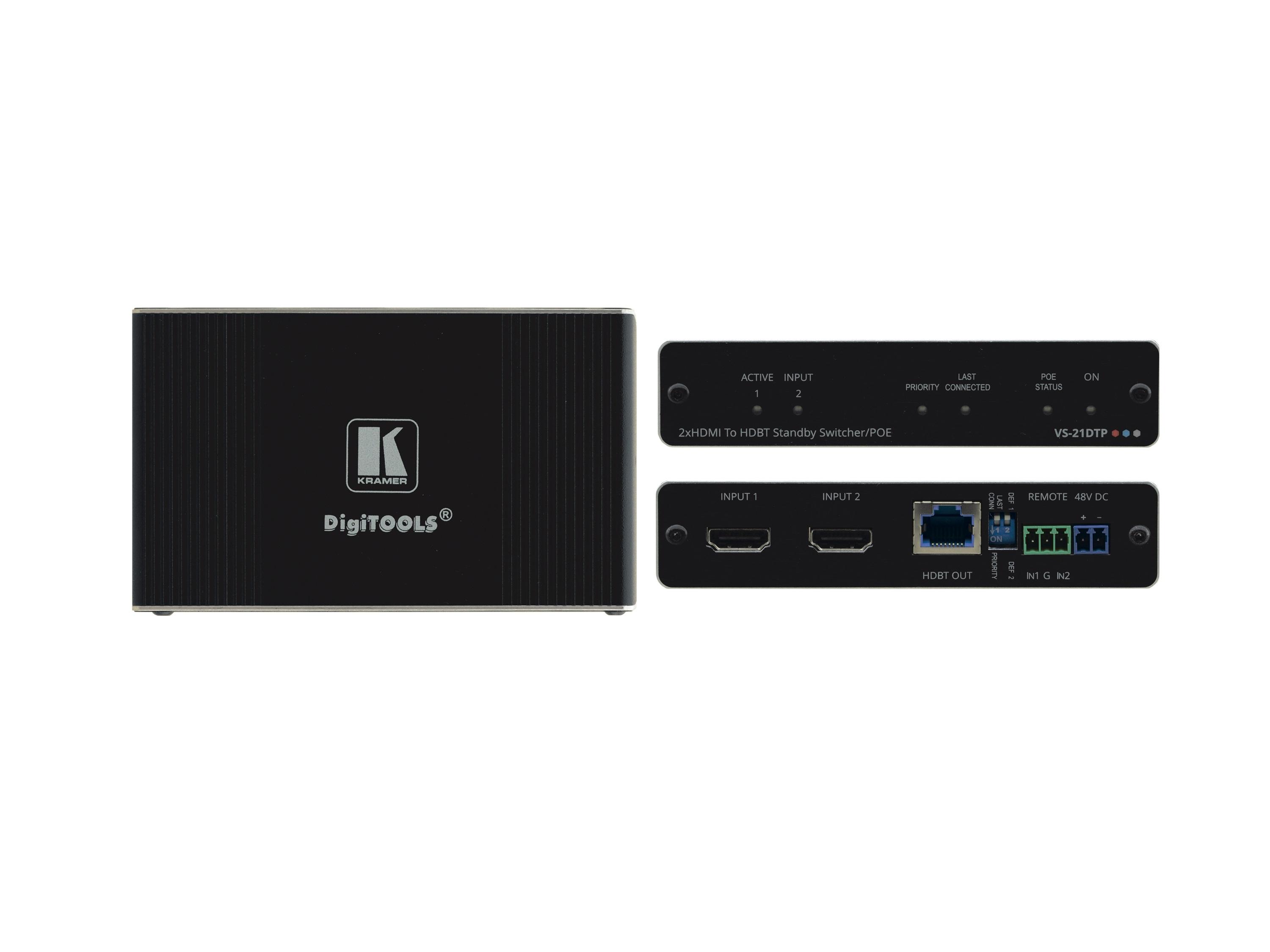 VS-21DTP 2x1 4K60 4x2x0 HDCP 2.2 HDMI Auto Switcher with Bidirectional PoE over HDBaseT by Kramer