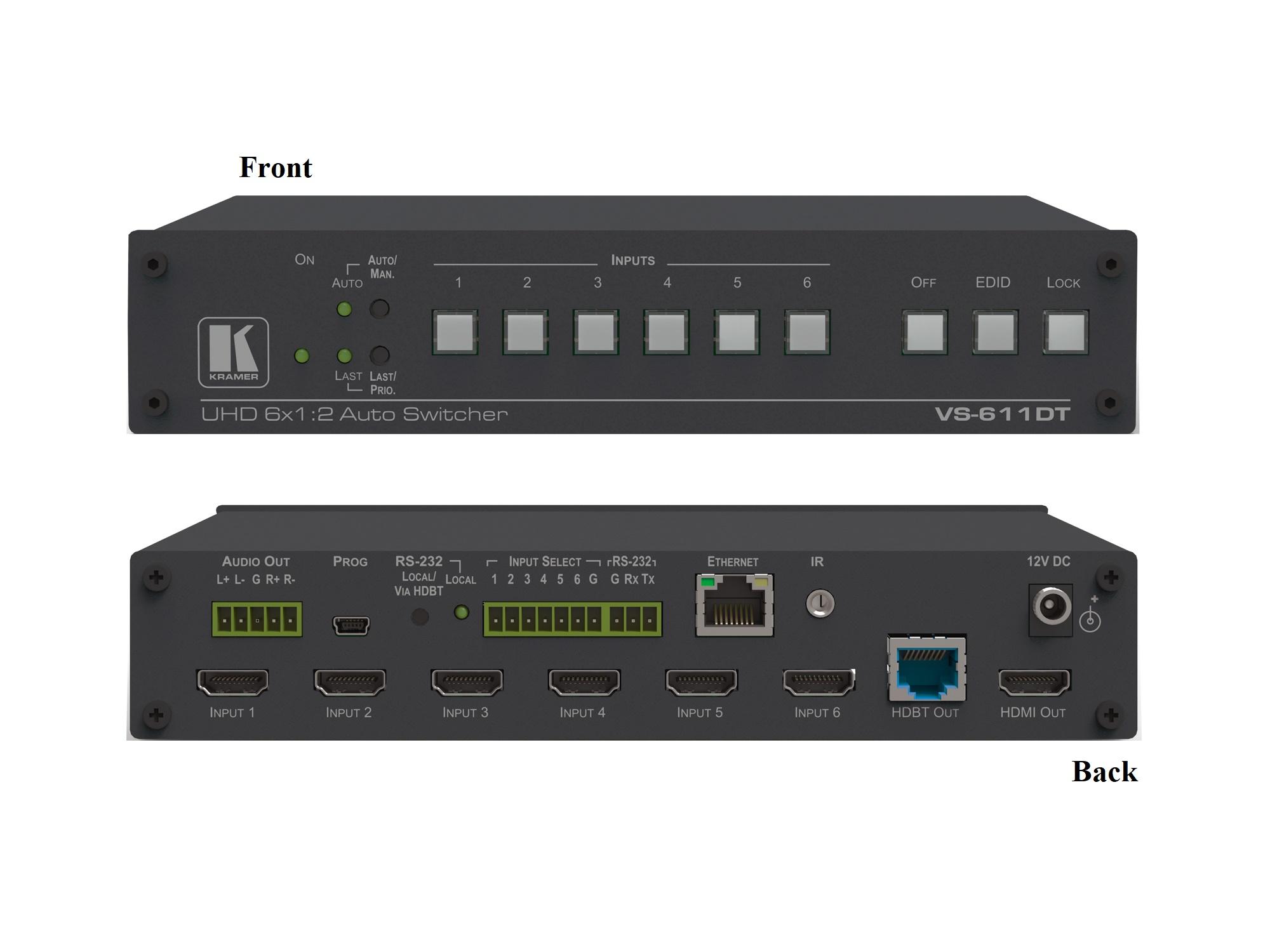 VS-611DT 6x1/2 4K60 4x2x0 HDBaseT Extended Reach PoE Auto Switching HDMI Switch by Kramer