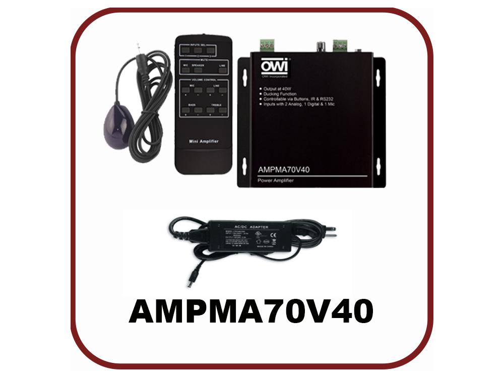AMPMA70V40 Digital 70 Volt Mini Amplifier/Mic Mixer with Remote Control by OWI