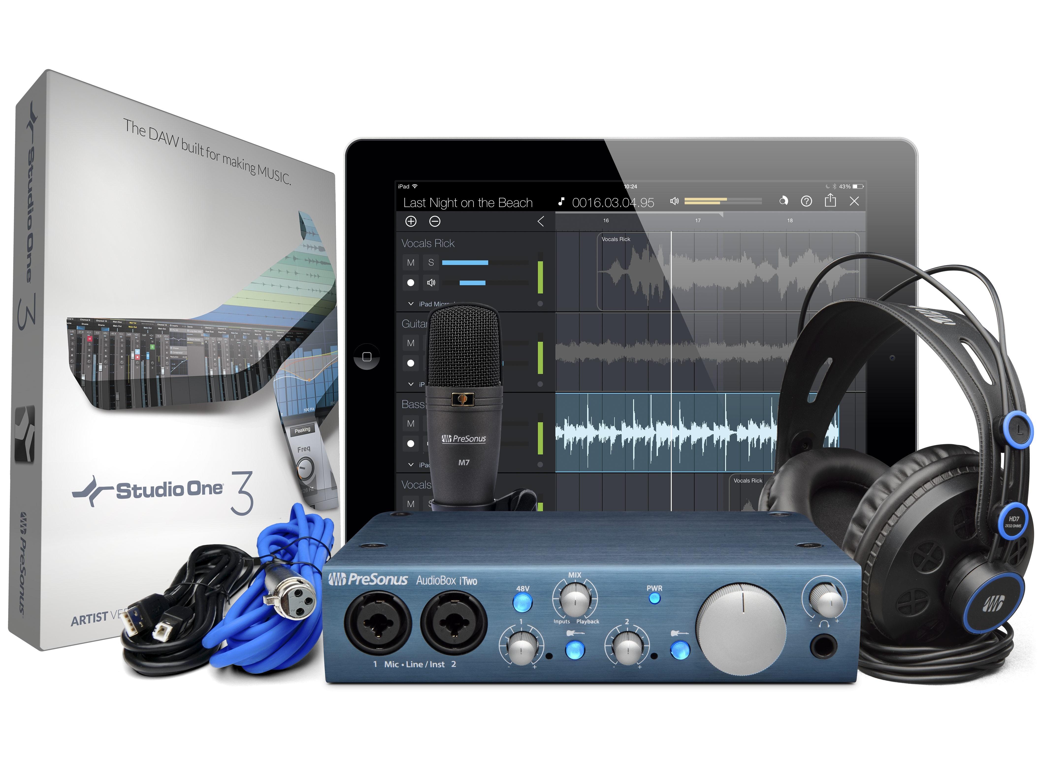 AudioBox iTwo Studio 2x2 USB 2.0 Recording System/iPad Audio Interface/2  Mic Inputs/MIDI with HD7 Headphones/M7 Mic/Studio One Artist by PreSonus