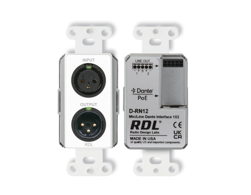 RDL D-RN12 Dante/AES67 Wall-Mount 1x2 Mic/Line Interface