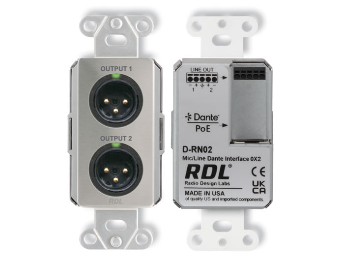 RDL DS-RN02 Dante AES67 Wall-Mount 2-Channel Mic/Line Interface