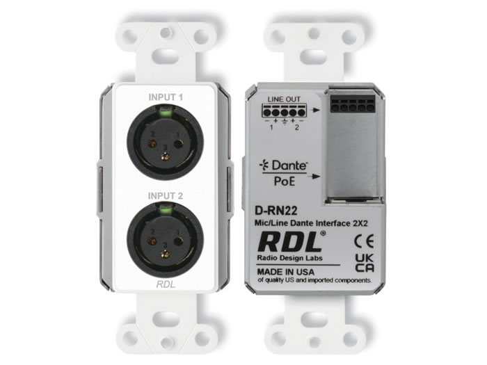 RDL DS-RN22 Wall-Mount Dante / AES67 2x2 Mic/Line Interface PoE